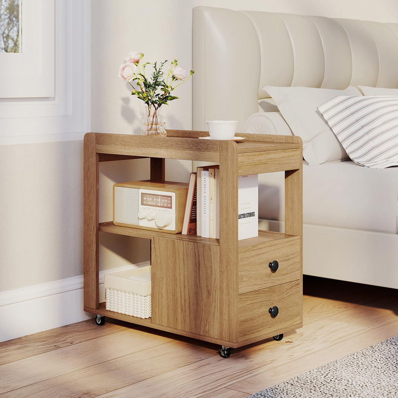 Giantex Rolling Side Table with Storage with Wheels & Open Shelves