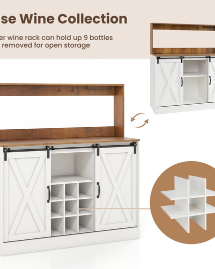 Giantex Farmhouse Buffet Cabinet with Hutch, Charging Station, 9 Bottle Wine Rack, Cup Glass Holder