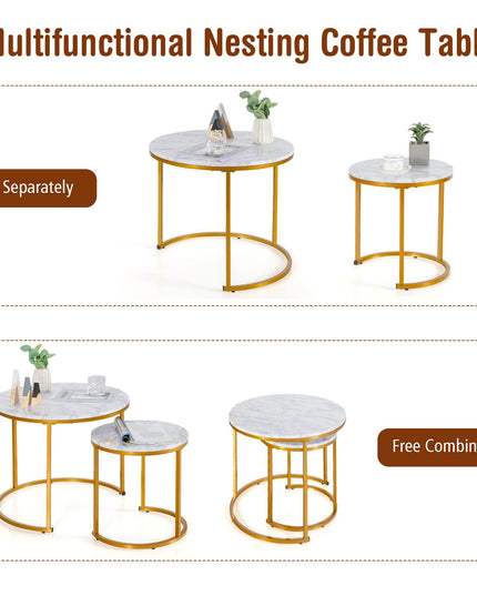 Giantex Nesting Coffee Table Set of 2, Round Stacking Side Tables with Wooden Tabletop & Powder Coated Steel Frame