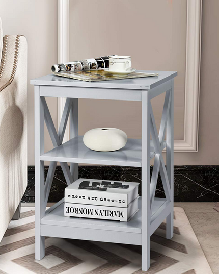 Nightstand 3-Tier X-Design W/Storage Shelves and Stable Structure Storage Organizer Display Sofa Side Table