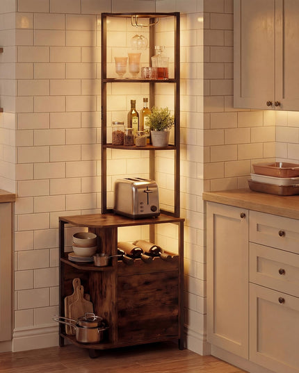 Giantex Corner Bar Cabinet w/Power Outlets | 6-Tier Industrial Wine Cabinet w/LED Light Strip