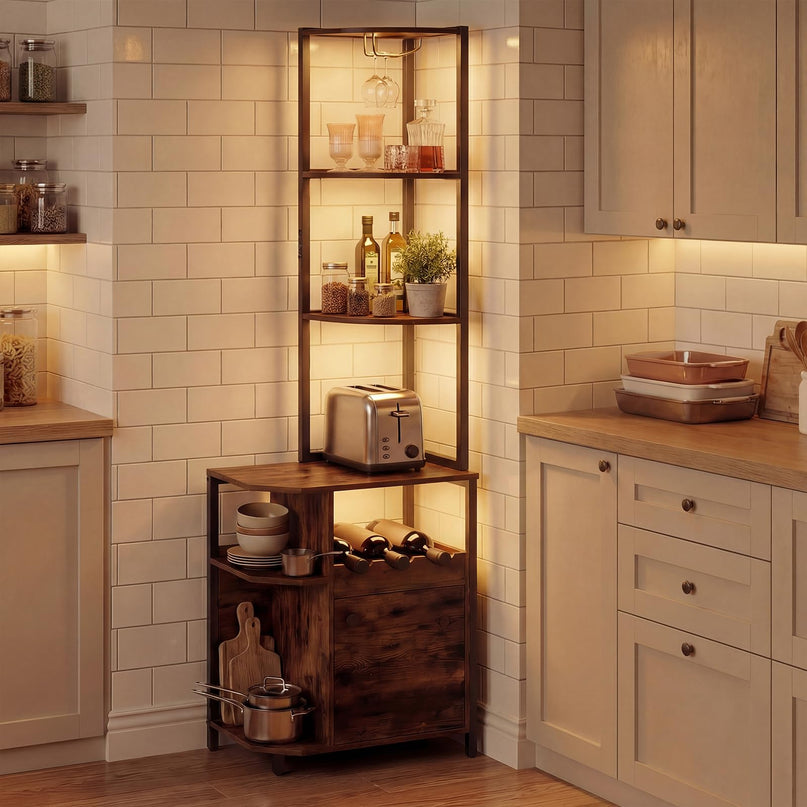 Meuble d'angle de bar Giantex avec prises électriques | Armoire à vin industrielle à 6 niveaux avec bandeau lumineux LED