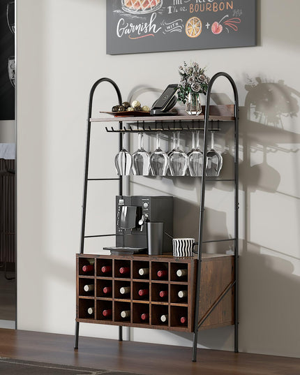 Giantex 18-Bottle Wine Rack Freestanding Floor, Kitchen Baker’s Rack w/ 15 Glasses Holder, Rustic Brown