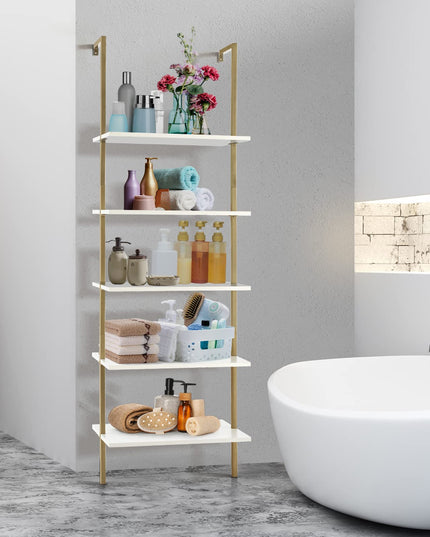 Giantex 5 Tier Modern Wall Mounted Bookshelf, 71'' White and Gold Wood Bookcase with Steel Frame