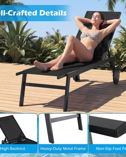 Giantex Patio Lounge Chair with Wheels | Sun Tanning Chair with Adjustable 6-Position Backrest