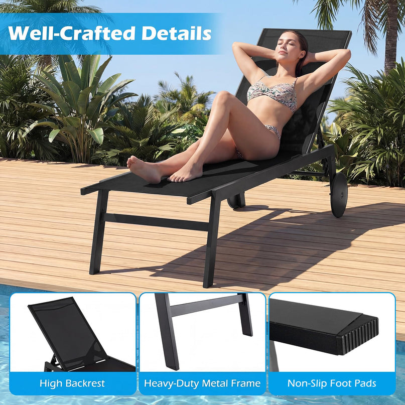 Chaise longue de patio Giantex à roulettes | Chaise longue de bronzage avec dossier réglable à 6 positions