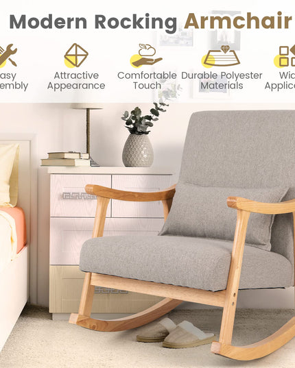 Giantex Upholstered Rocking Chair - Modern Rocker with Rubber Wood Frame, Comfy Backrest & Seat