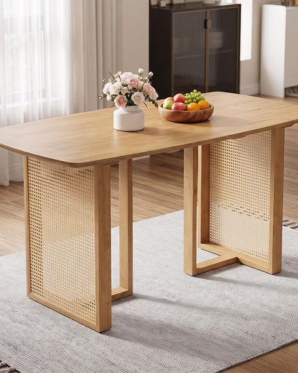 GIANTEX Rattan Dining Table Set for 4 w/ Rubber Wood Kitchen Table & 2 Bench