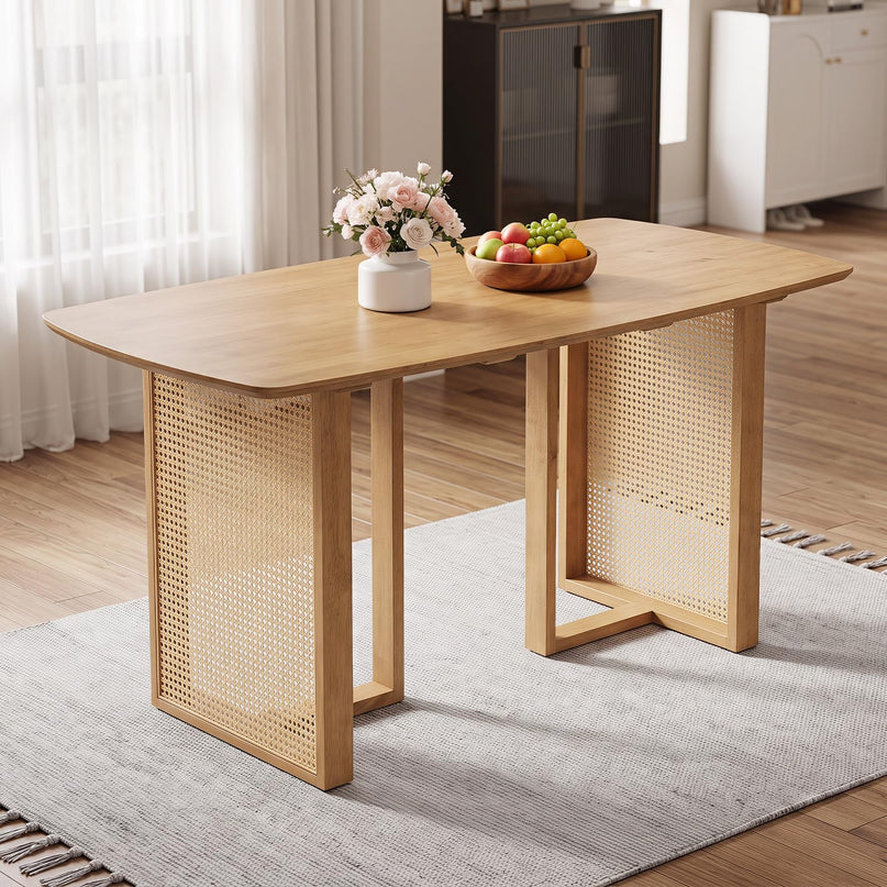 GIANTEX Rattan Dining Table Set for 4 w/ Rubber Wood Kitchen Table & 2 Bench