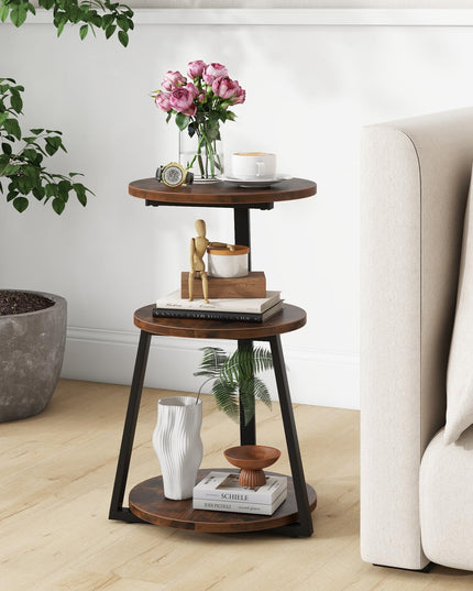 Giantex Round End Table, Industrial Side Table with Sturdy Metal Frame, Coffee Table, 3-Tier Bedside Table for Bedroom, Living Room