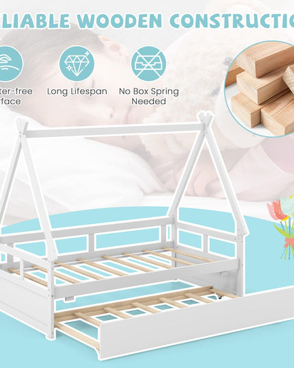 Giantex Twin House Bed with Trundle, Wood Montessori Tent Bed Frame with Safety Guardrail