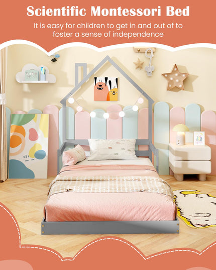 Giantex Twin Floor Bed for Kids, Wood Montessori Floor Bed with Chimney Headboard & Handrail