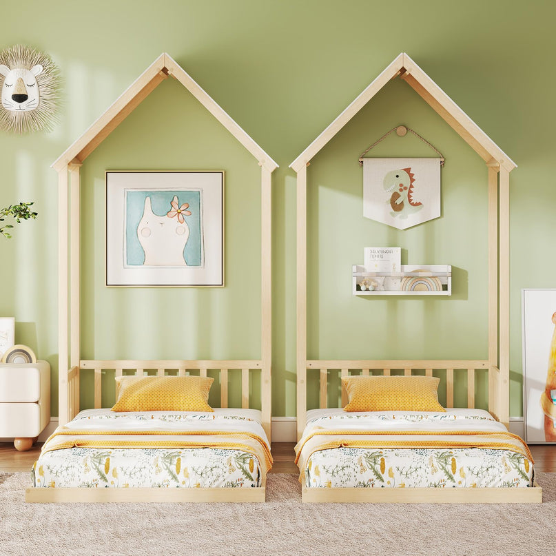 Giantex Twin Size House Bed with House Shape Roof & Semi-Fence