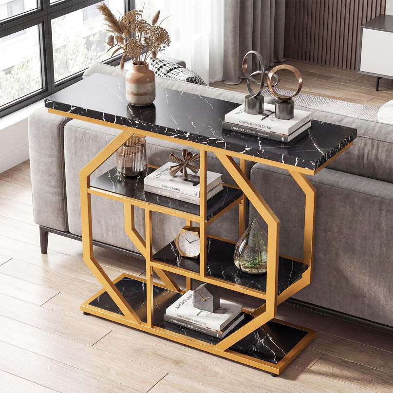 Giantex Console Moderne à 4 Niveaux de 40 Pouces avec Étagères de Rangement et Cadre Métallique Géométrique