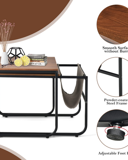 Nesting Coffee Table Set of 2, Stackable Side Table w/Side Pocket
