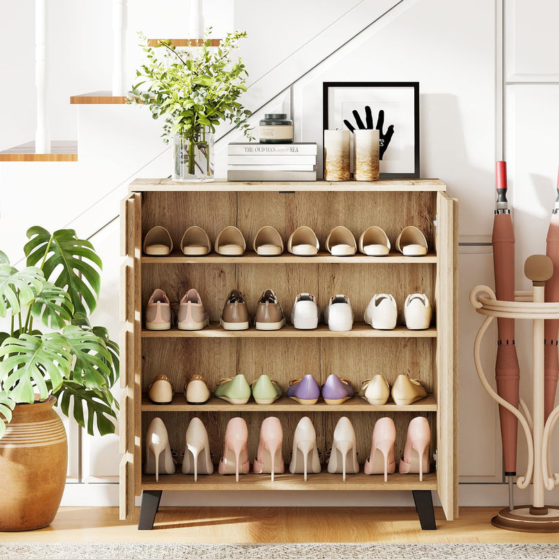 Giantex 4 Tier Farmhouse Shoe Rack Cabinet with 2 Slatted Doors & Removable Shelves