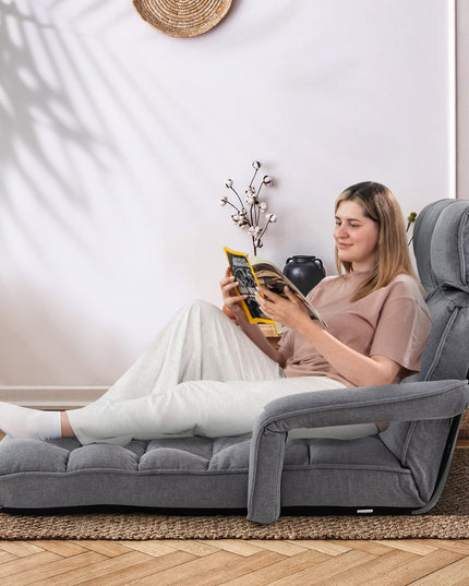 Giantex Foldable Lazy Sofa Bed, 6-Position Adjustable Floor Chair Chaise Lounge with Armrest and Footrest (Gray)