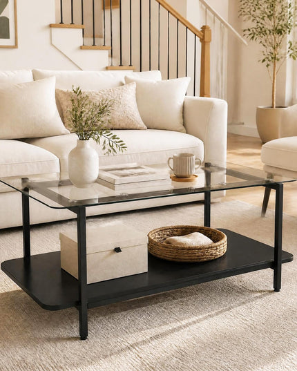 GIANTEX 37.5" Glass Coffee Table | 2-Tier Center Table with Storage