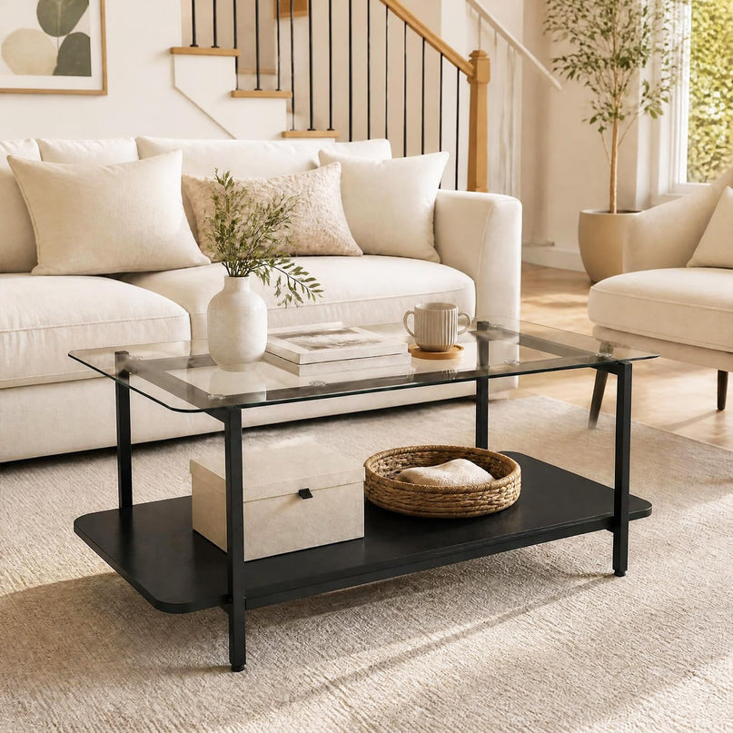 GIANTEX 37.5" Glass Coffee Table | 2-Tier Center Table with Storage