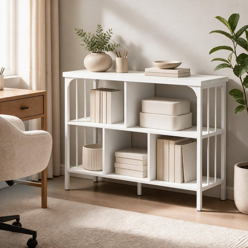 GIANTEX 3-Tier Industrial Low Wide Bookshelf w/ 5 Cube Storage Organizer