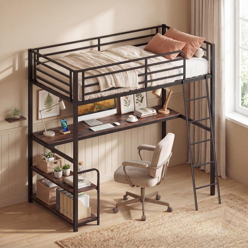Giantex Twin Loft Bed with Desk & Charging Station