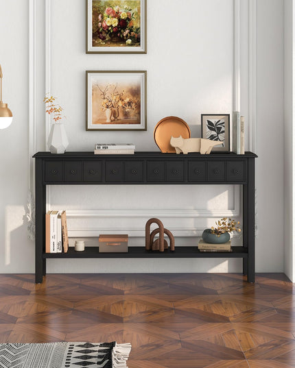 Giantex Narrow Console Table with Storage - 60" Long Sofa Side Table w/ 4 Drawers & Open Shelf, Espresso