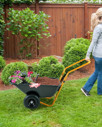 Giantex Dual-Wheel Wheelbarrow, Heavy-Duty Garden Utility Cart with Built-in Stand, Pneumatic Tires, 330 Lbs Capacity, Foldable Handle
