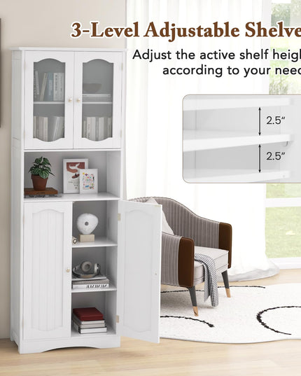 Giantex 64.5" Tall Bathroom Cabinet, Pantry Cabinet with Tempered Glass Doors, Adjustable Shelves