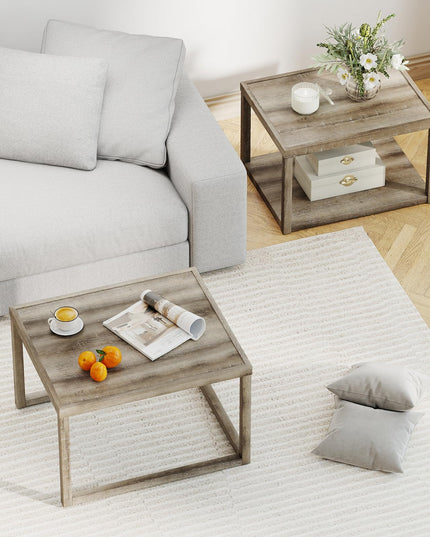 Giantex Stackable Nesting Coffee Table Set of 2 with Storage Shelf & Rubber Wood Frame