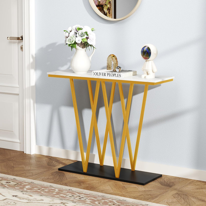 Console étroite dorée Giantex 100 cm avec plateau aspect marbre et base en métal robuste