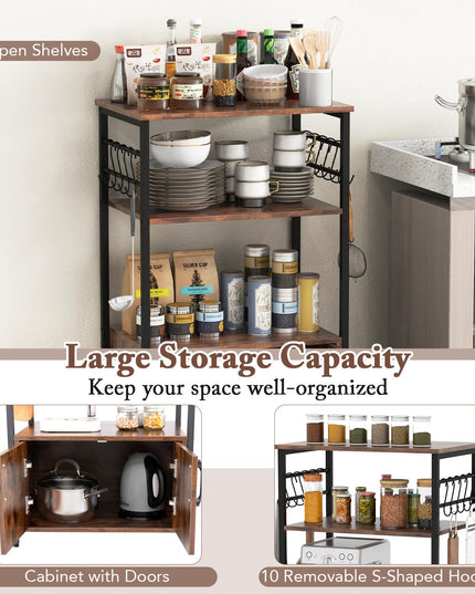 Giantex Kitchen Bakers Rack with Storage, 3-Tier Industrial Microwave Stand with Open Shelves and 10 Removable S-Shaped Hooks