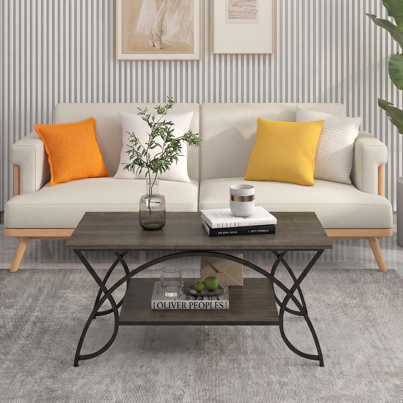 Giantex Table Basse en Bois de 39,5" avec Étagère de Rangement Ouverte et Cadre en Métal Finition Noire