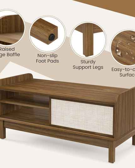 Giantex Coffee Table with Storage and Sliding Doors, Mid-Century Modern Coffee Table with Adjustable & Removable Shelf