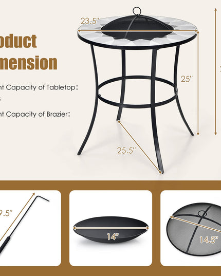 Giantex Fire Pit Table, Outdoor Fire Pit with Mesh Cover, Fire Poker, Tile Tabletop