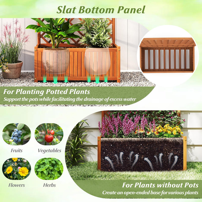 Giantex Solid Acacia Wood Planter Box with Trellis 63" Raised Garden Bed