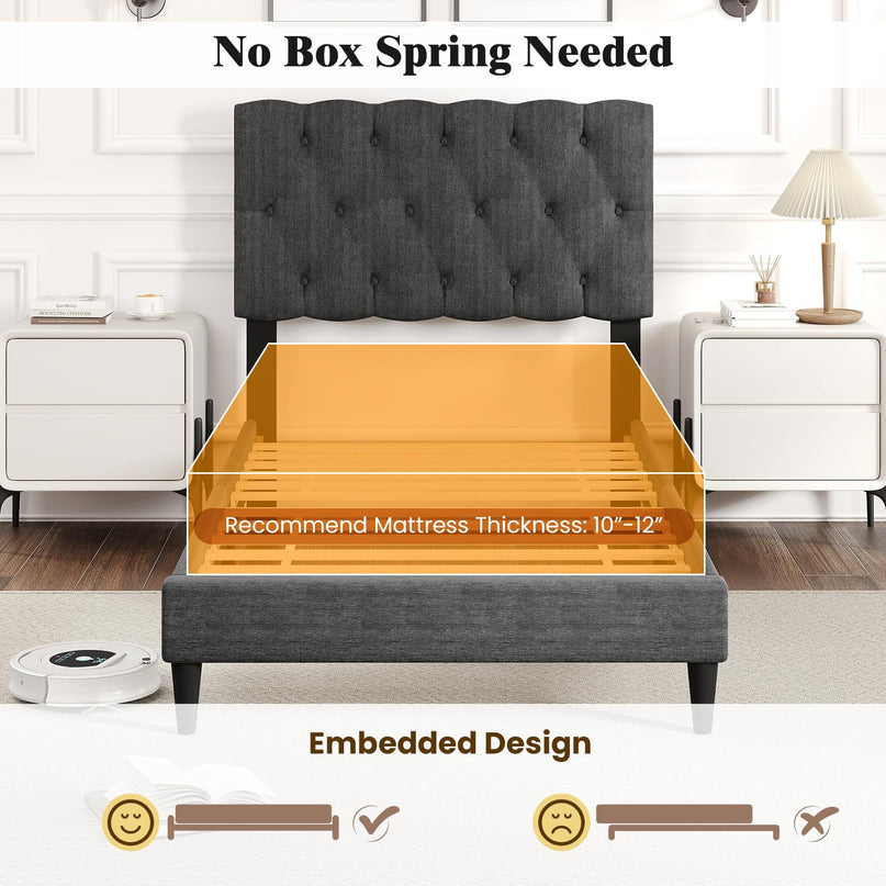 Modern Upholstered Platform Bed Frame with Diamond Tufting Headboard