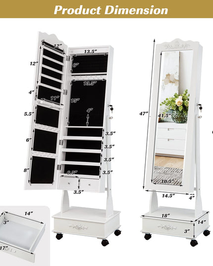 CHARMAID 6 LEDs Rolling Jewelry Cabinet with High Full Length Mirror, Lockable Standing Jewelry Armoire with Wheels