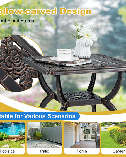 Giantex 21” Patio Bistro Table, Cast Aluminum Outdoor Side Table with Storage Shelf