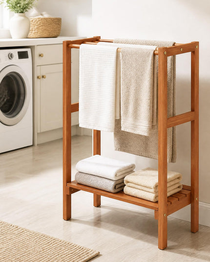 3-Bar Wood Towel Rack Freestanding with Bottom Storage Shelf