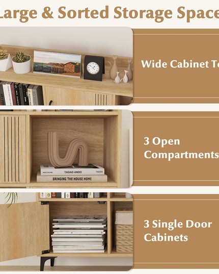 Giantex Storage Cabinet, Sideboard with 3 Doors, 3 Open Compartments, Bookcase with 5 Raised Metal Legs