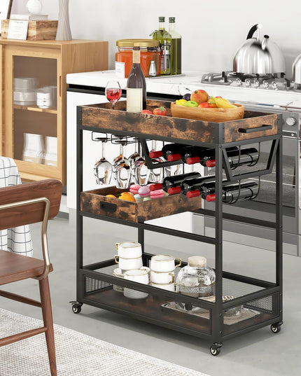 Giantex Rolling Bar Cart, 3-Tier Industrial Buffet Serving Cart with Wine Rack, Stemware Rack & Removable Tray