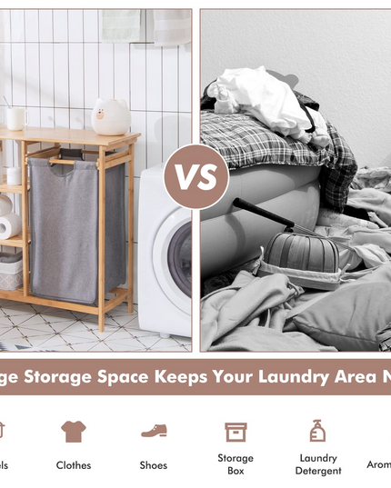 Freestanding Laundry Organizer w/ Removable Sliding Bag & 3-Tier Open Shelves