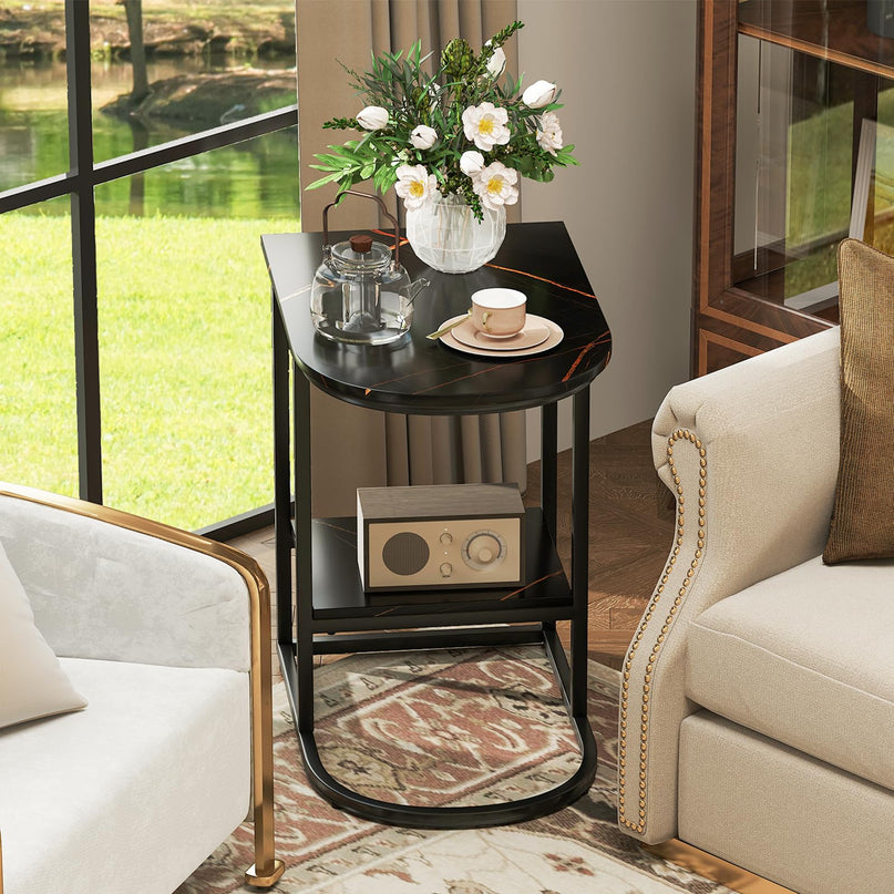 Giantex C Shaped End Table with Faux Marble Tabletop & Storage Shelf