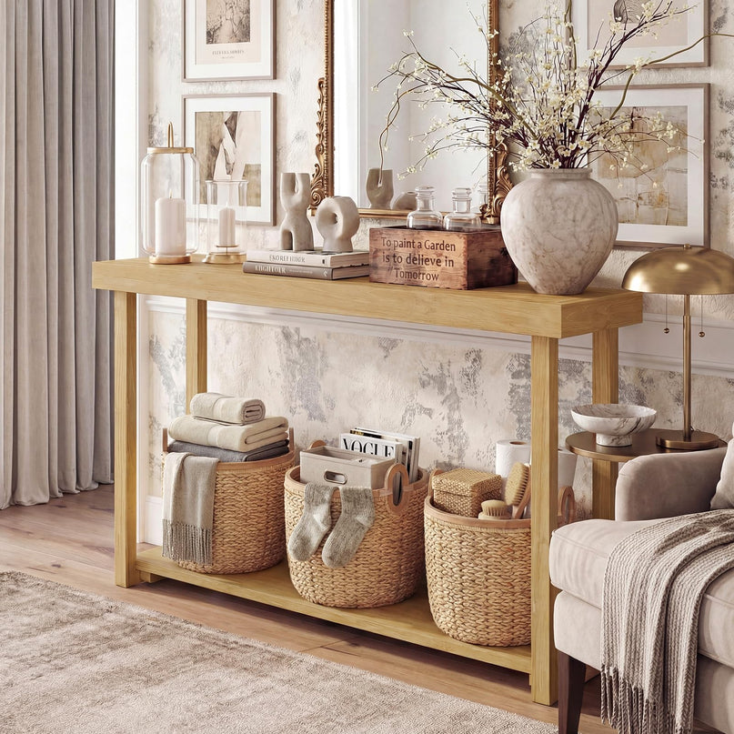 Giantex Console en bois massif à 2 niveaux avec cadre en bois de teck et étagère de rangement (46" x 12" x 32")