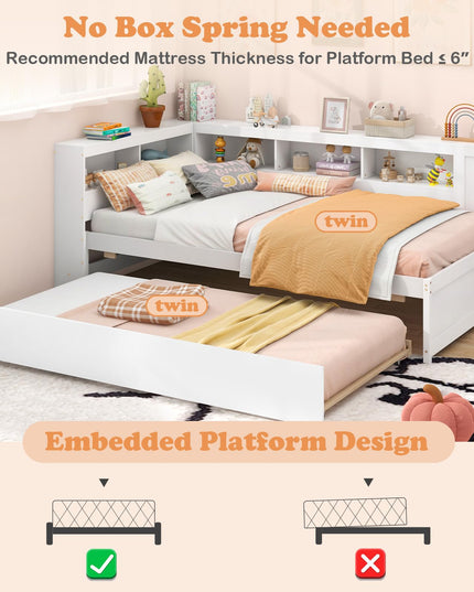 Giantex Twin Daybed with Trundle, Wood Twin Bed Frames with Storage Headboard, Reversible Bookcase