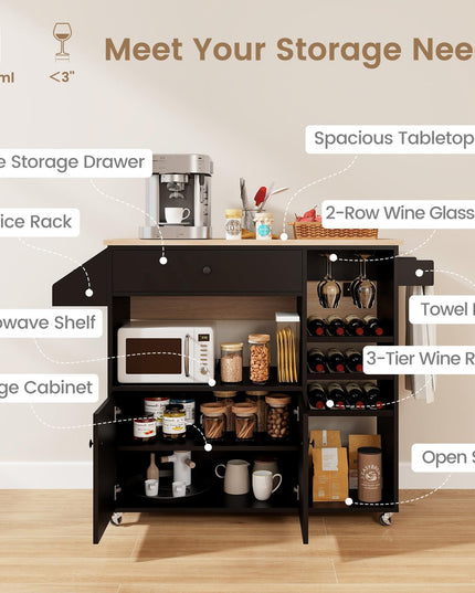 Giantex Rolling Kitchen Island Cart with Drop Leaf, Power Outlet, Spice Rack, 12 Wine Rack