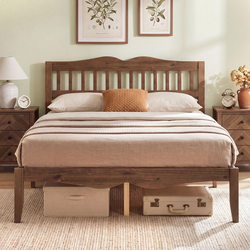 GIANTEX Full/Queen Size Wooden Bed Frame with Slatted Headboard