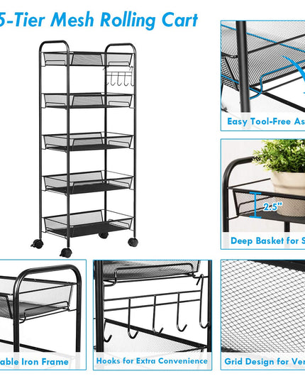 Giantex 5-Tier Storage Cart Rolling Trolley Organizer Utility Cart with Lockable Wheels
