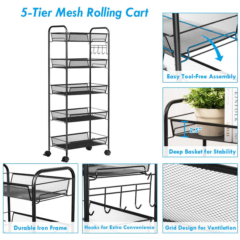Giantex 5-Tier Storage Cart Rolling Trolley Organizer Utility Cart with Lockable Wheels