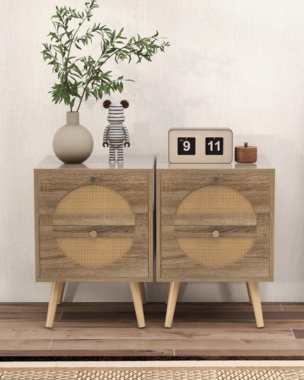 Giantex Rattan Nightstand Set of 2, Boho Bedside Tables with 2 Rattan Drawers